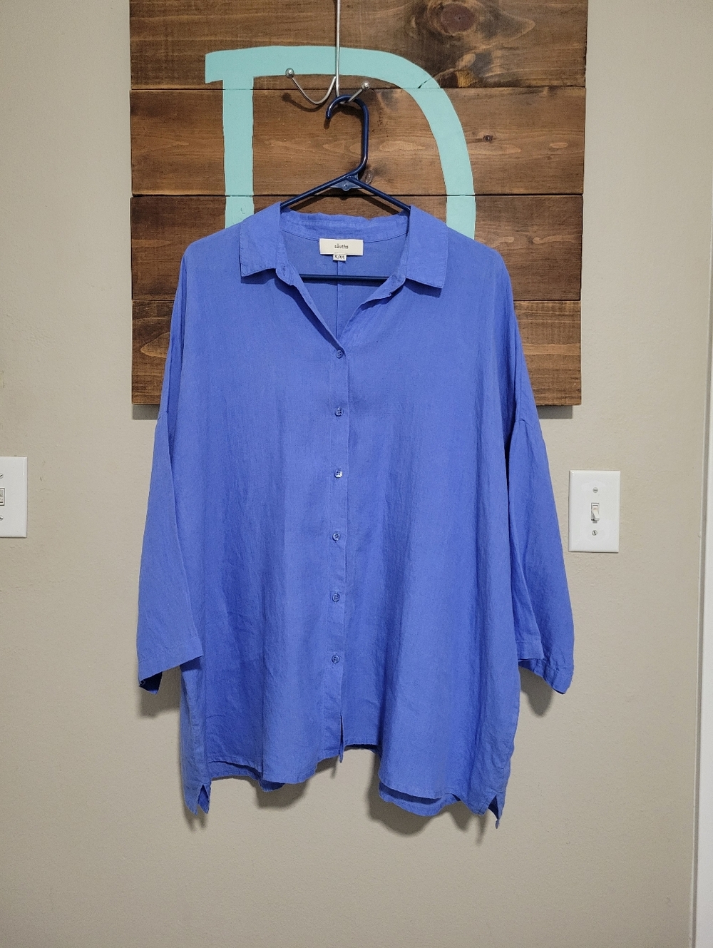 Sauths Blue Oversized Button Up 3/4 Sleeve 100% Linen Sustanable Top XL/XXL